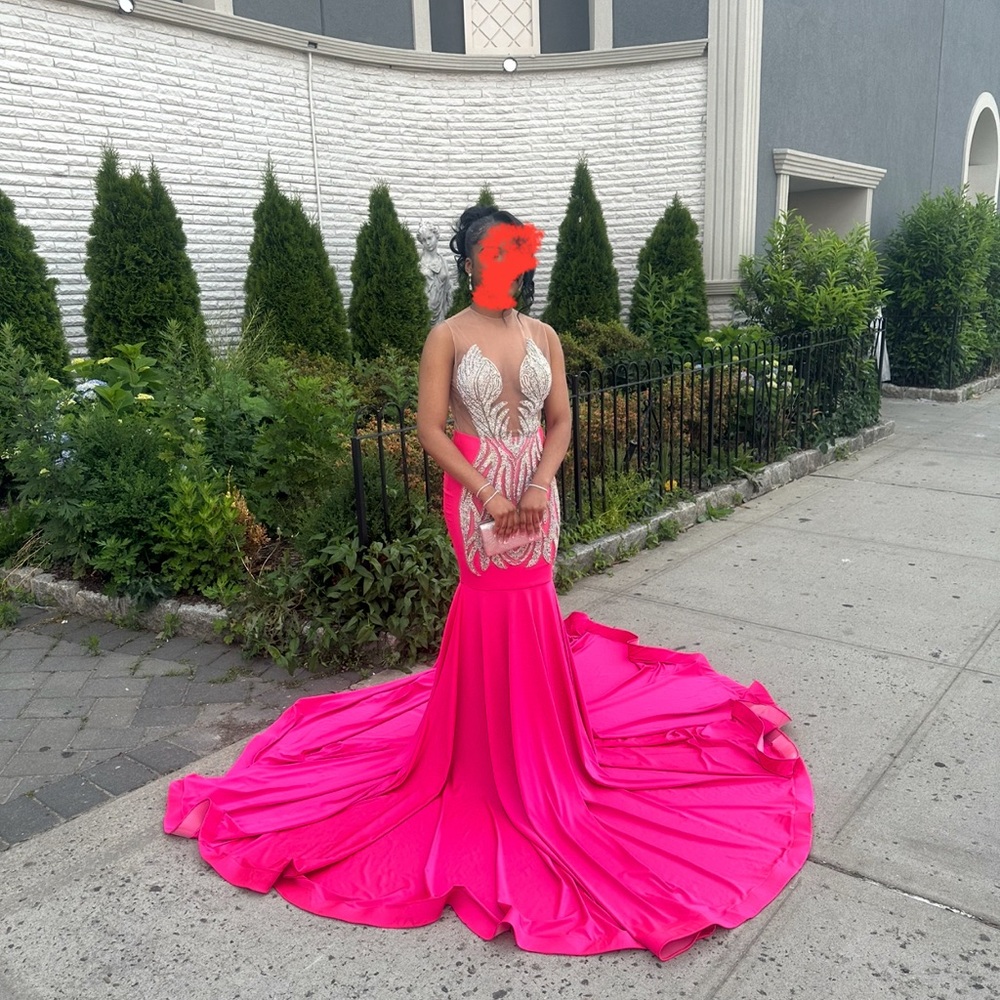 Pink Sleeveless Plunge Neck Prom Gown